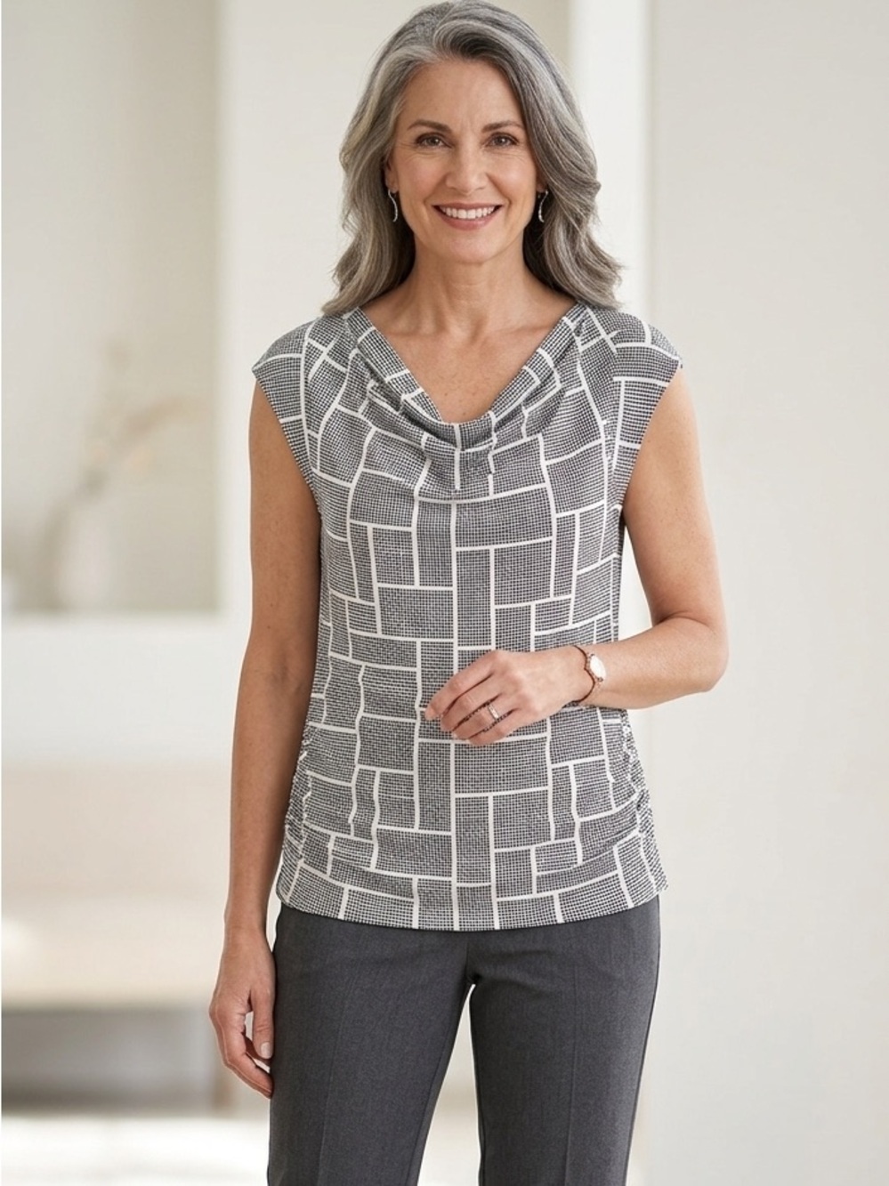 ALFRED SUNG Black and White Geometric Cowl Neck Blouse